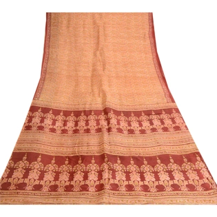 Sanskriti Vintage Cream Indian Sarees Pure Silk Printed Sari Floral Craft Fabric, PR-57858