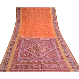 Sanskriti Vintage Orange Pure Silk Sarees Human Animal Printed Sari Craft Fabric, PR-57331