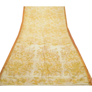 Sanskriti Vintage Sarees Ivory & Yellow Zari Border Pure Silk Print Sari Fabric, PR-64584