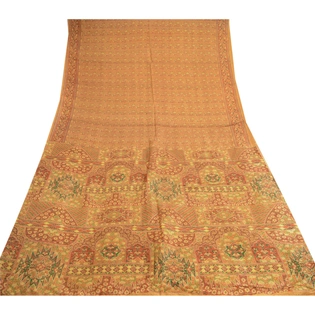 Sanskriti Vintage Mustard Indian Pure Silk Sarees Printed Sari 5Yd Craft Fabric, PR-57159