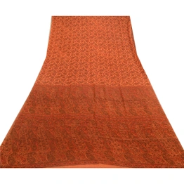 Sanskriti Vintage Sarees From India Saffron Pure Silk Printed Sari Craft Fabric, PR-64598