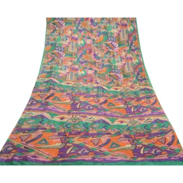 Sanskriti Vintage Multicolor Sarees Pure Silk Printed Sari 5Yd Soft Craft Fabric, PR-56825