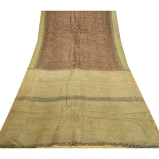 Sanskriti Vintage Brown Sarees 100% Pure Silk Block Printed Sari Craft Fabric, PR-56686