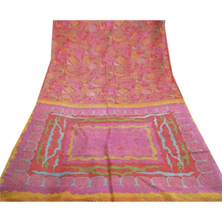 Sanskriti Vintage Red Sarees 100% Pure Silk Printed Sari Floral 5Yd Craft Fabric, PR-56291