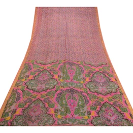 Sanskriti Vintage Sarees Pink Zari Border Pure Silk Printed Sari Craft Fabric, PR-64611