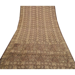 Sanskriti Vintage Sarees Dark- Brown Indian Printed Pure Silk Sari Craft Fabric, PR-64632