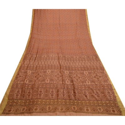 Sanskriti Vintage Sarees Brown Zari Border Pure Silk Printed Sari Craft Fabric, PR-64641