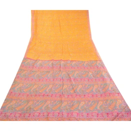 Sanskriti Vintage Sarees Yellow Pure Silk Printed Sari 5Yd Floral Craft Fabric, PR-63171