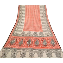 Sanskriti Vintage Sarees Red Hand-Block Printed Pure Silk Sari Soft Craft Fabric, PR-64633