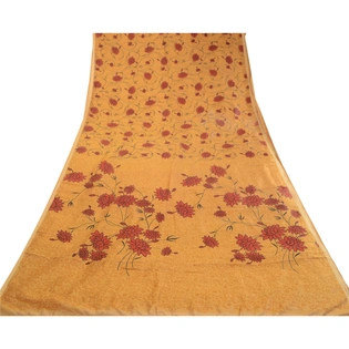 Sanskriti Vintage Sarees Salted Caramel Pure Silk Printed Sari Soft Craft Fabric, PR-63154