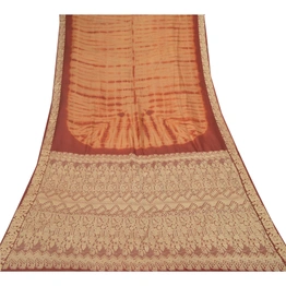 Sanskriti Vintage Brown/Red Sarees Pure Silk Brocade Tie & Dye Print Sari Fabric, PR-55303