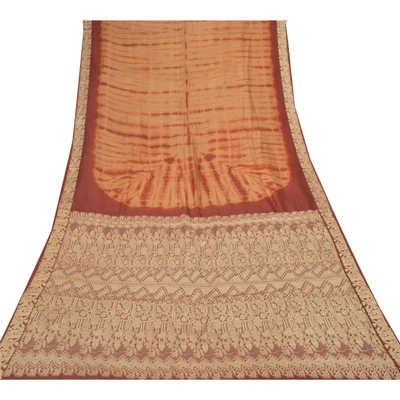 Sanskriti Vintage Brown/Red Sarees Pure Silk Brocade Tie & Dye Print Sari Fabric, PR-55303