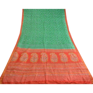 Sanskriti Vintage Sarees Green Zari Border Pure Silk Printed Sari Craft Fabric, PR-62882