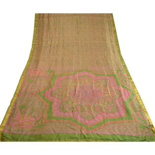 Sanskriti Vintage Sarees Green Zari Border Pure Silk Sari Printed Craft Fabric, PR-62834