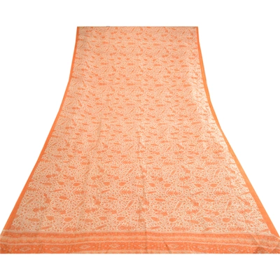 Sanskriti Vintage Sarees From India Ivory Pure Silk Sari Printed Craft Fabric, PR-62820