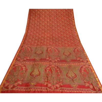 Sanskriti Vintage Sarees Red Zari Border Pure Silk Printed Sari 5Yd Craft Fabric, PR-64676