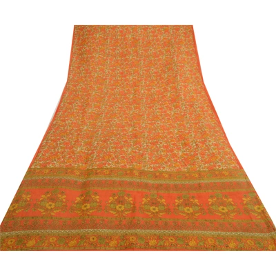 Sanskriti Vintage Sarees Orange Printed 100% Pure Silk Sari Soft Craft Fabric, PR-64685