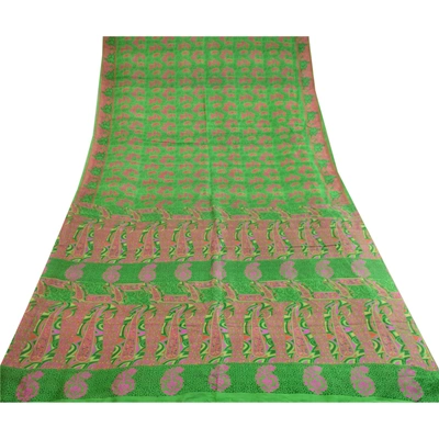 Sanskriti Vintage Sarees From India Green Pure Silk Printed Sari Craft Fabric, PR-62799