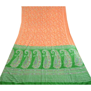 Sanskriti Vintage Sarees Orange & Green Printed Pure Silk Sari Soft Craft Fabric, PR-62730