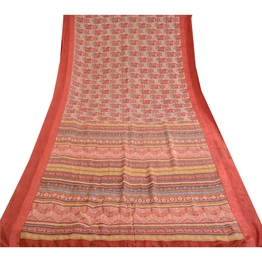 Sanskriti Vintage Sarees Indian Red Pure Silk Printed Sari Floral Craft Fabric, PR-62682