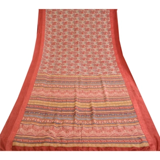 Sanskriti Vintage Sarees Indian Red Pure Silk Printed Sari Floral Craft Fabric, PR-62682