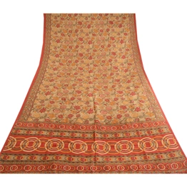 Sanskriti Vintage Sarees Pale Cream & Red Pure Silk Printed Sari Craft Fabric, PR-62761