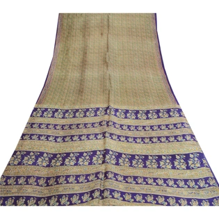 Sanskriti Vintage Sarees Indian Green & Purple Pure Silk Printed Sari 5Yd Fabric, PR-64704