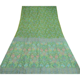 Sanskriti Vintage Sarees From India Green Pure Silk Printed Sari Craft Fabric, PR-64699