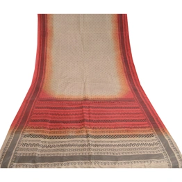 Sanskriti Vintage Sarees Cream & Red Pure Silk Printed Sari Floral Craft Fabric, PR-62381