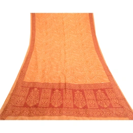 Sanskriti Vintage Sarees Orange-Red Pure Silk Printed Sari Soft Craft Fabric, PR-61949