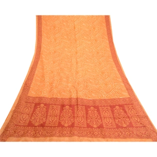 Sanskriti Vintage Sarees Orange-Red Pure Silk Printed Sari Soft Craft Fabric, PR-61949