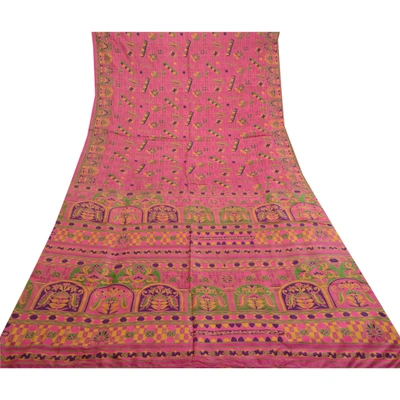 Sanskriti Vintage Sarees Hot-Pink Pure Silk Printed Sari 5Yd Soft Craft Fabric, PR-62185