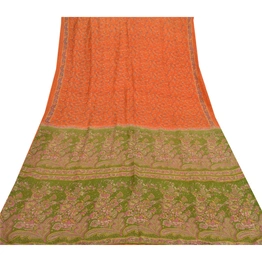 Sanskriti Vintage Orange & Green Sarees 100% Pure Silk Printed 5Yd Sari Fabric, PR-55102