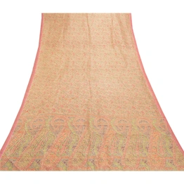 Sanskriti Vintage Beige Indian Sarees 100% Pure Silk Printed Sari Craft Fabric, PR-55154