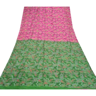 Sanskriti Vintage Pink & Green Sarees Pure Silk Printed Sari Soft Craft Fabric, PR-54833