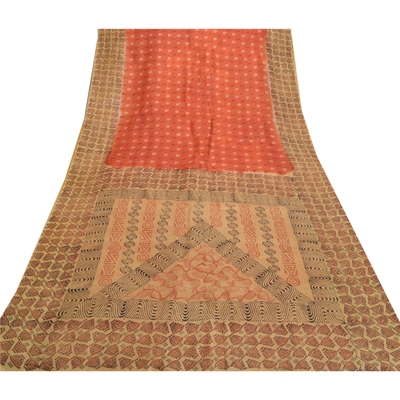 Sanskriti Vintage Peach & Brown Sarees Pure Silk Printed Sari 5Yd Craft Fabric, PR-54050