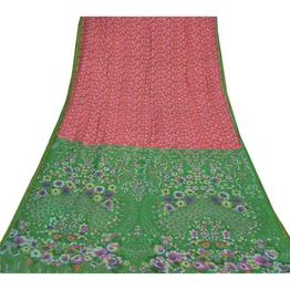 Sanskriti Vintage Pink/Green Sarees Pure Silk Fabric Print Zari Border 5Yd Sari, PR-52636