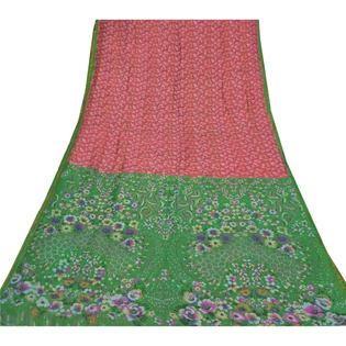 Sanskriti Vintage Pink/Green Sarees Pure Silk Fabric Print Zari Border 5Yd Sari, PR-52636