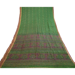 Sanskriti Vintage Sarees Green Pure Chinon Silk Printed Woven Sari Craft Fabric, PR-62181