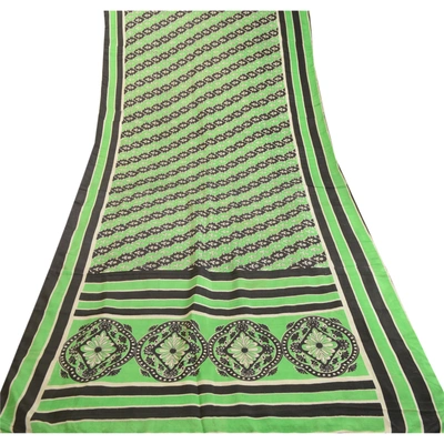 Sanskriti Vintage Sarees From India Green/Black Pure Silk Printed Sari Fabric, PR-63410