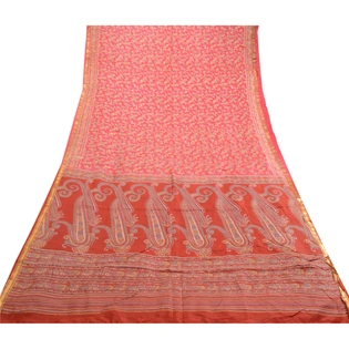 Sanskriti Vintage Sarees Pink & Red Zari Border Pure Silk Printed Sari Fabric, PR-63433