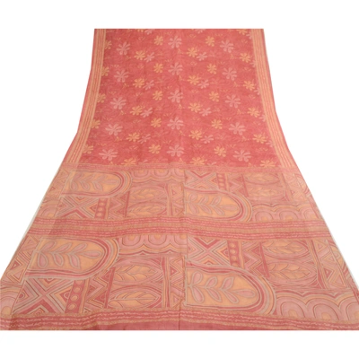 Sanskriti Vintage Sarees Indian Blush-Pink Pure Silk Printed Sari Craft Fabric, PR-64714