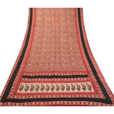 Sanskriti Vintage Sarees Red 100% Pure Silk Printed Woven Sari Soft Craft Fabric, PR-63379