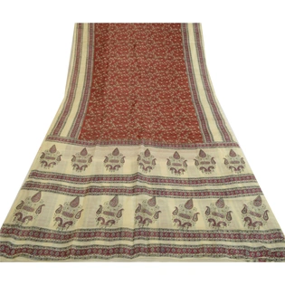 Sanskriti Vintage Sarees Dark Red & Cream Pure Silk Printed Sari Craft Fabric, PR-64730