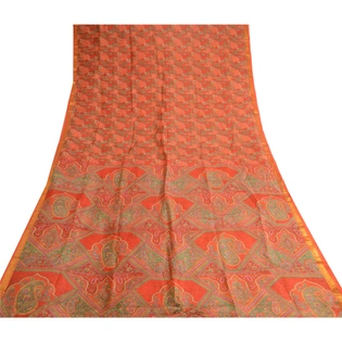 Sanskriti Vintage Red Printed Zari Border Sarees Pure Silk Sari 5Yd Craft Fabric, PR-57971