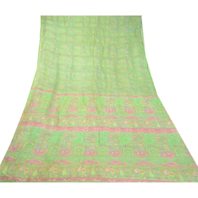 Sanskriti Vintage Green & Pink Sarees Pure Silk Printed Sari Floral Craft Fabric, PR-58298