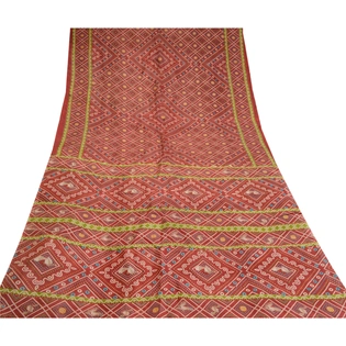 Sanskriti Vintage Indian Bandhani Pure Silk Sarees Red Printed Sari Craft Fabric, PR-56994