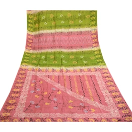 Sanskriti Vintage Sarees Pink & Green Indian Printed Pure Silk Sari Craft Fabric, PR-60240