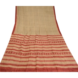 Sanskriti Vintage Cream & Red Pure Silk Sarees Printed Sari Soft Craft Fabric, PR-56978