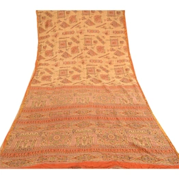 Sanskriti Vintage Beige & Orange Sarees Pure Silk Printed Sari Soft Craft Fabric, PR-60276